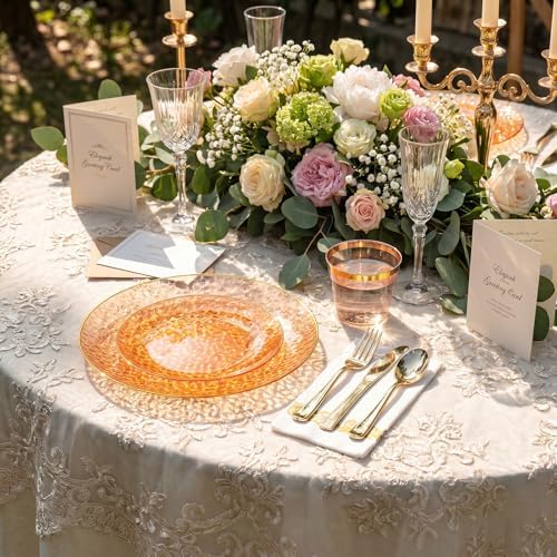 Rubtlamp 175 Pcs Plastic Dinnerware Set (25 Guests), Orange And Gold Plastic Plates, Hammered Party Plates Set Include Dinner Plates, Dessert Plates, Cups&Cutlery Set And Napkins for Wedding And Party - Image 5