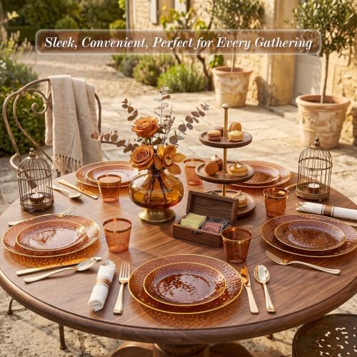 Rubtlamp 700Pcs Amber Gold Plastic Dinnerware Set, Hammered Clear Gold Plates, Fancy Plastic Plates Include 100 Dinner Platos, 100 Salad Platos, 100 Cups,100 Pack Pre Rolled gold plastic Silverware - Image 7