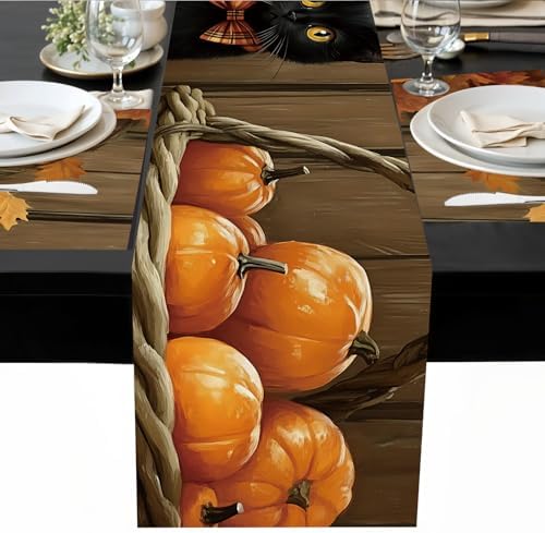 ANNA QUEEN Black Cat Table Runner and Placemats Set of 6, 13"x72" Table Runner with 12"x18" Placemats, Fall Pumpkin and Cat Dining Table Set for Halloween Kitchen Decor - Image 6