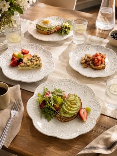 8 Inch Ceramic Salad Plates Set of 4, White Embossed Floral Butterfly Appetizer Plates with Scalloped Edge, Dessert Plates for Salad, Breakfast, Snacks, Microwave Oven Dishwasher Safe - Image 6