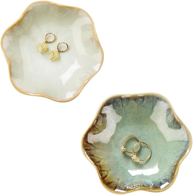 2PCS Ring Holder Dish, Small Key Bowl, Ceramic Trinket Tray Jewelry Dish Organizing Necklace Earrings for Mom Friend Sister, All Jewelries Are NOT Included. Light Green+Crystal Green.…