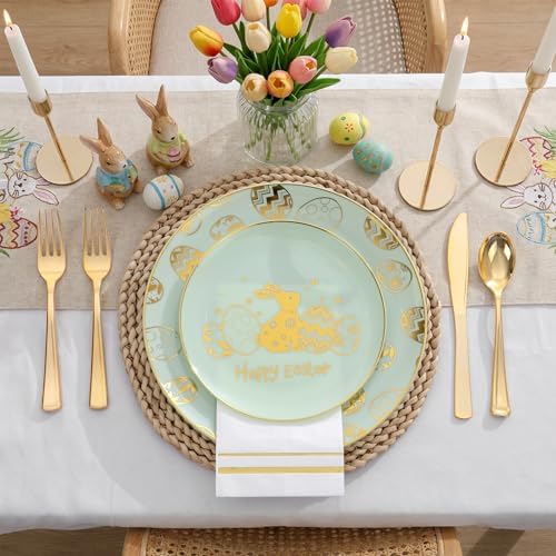 Festiva 175Pcs Easter Plates and Napkins Disposable - Green and Gold Plastic Dinnerware Set for 50 guests include 50 Plates 25Cups 25Plastic Silverware 25Napkins Perfect for Easter Party - Image 3