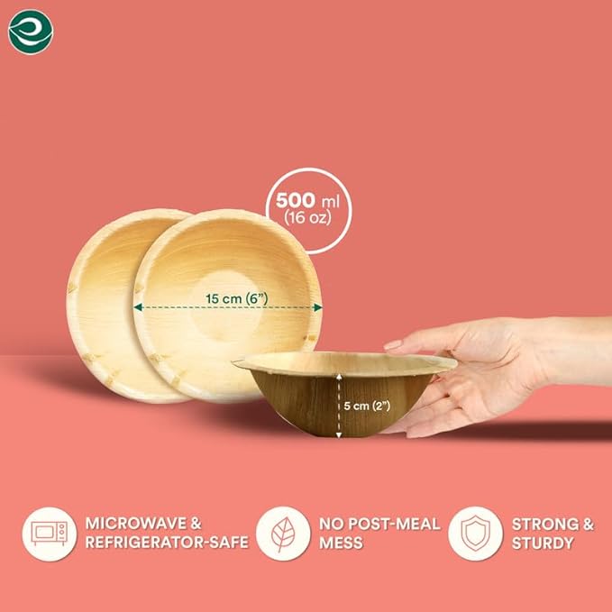 ECO SOUL 100% Compostable, Biodegradable, Disposable Palm Leaf Bowls |6 inch, 16oz, pack of 50 (Round) | Like Bamboo Bowls, Eco-friendly | Sturdy, Microwave & Oven Safe
