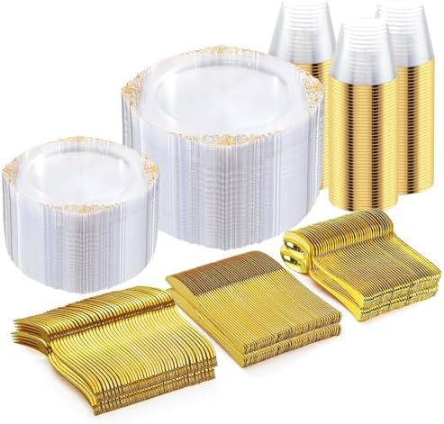 Nervure 600Pcs Clear and Gold Plastic Plates, Dinnerware Set for 100 Guests by Nervure