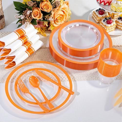 I00000 350 Pcs Clear Orange Plastic Plates Dinnerware Set for 50 Guests - Image 2