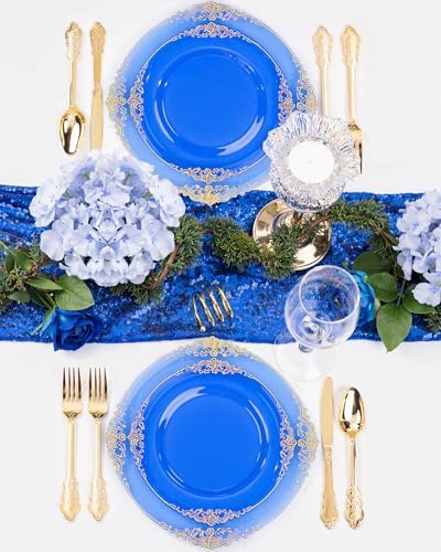 Nervure 175Pcs Blue Plastic Plates, Disposable Dinnerware Set for 25 Guests - Image 3