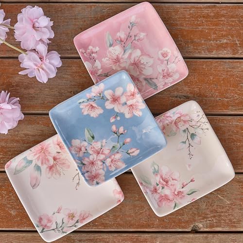 Bico Spring Sakura 6 inch Ceramic Square Appetizer Plates Set, Set of 4, Microwave & Dishwasher Safe, for Salad, Tapas - Image 3