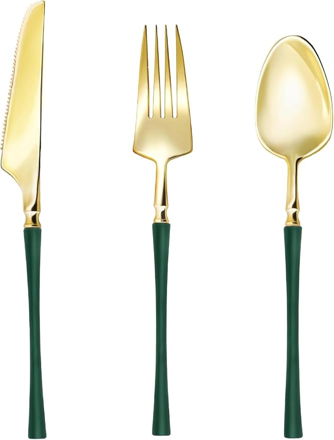Lullaby 150pcs Gold Plastic Silverware, High End Disposable Cutlery with Dark Green Handle Include 50 Forks, 50 Spoons, 50 Knives, Elegant Silverware for Wedding, Party, Gathering and Daily Use
