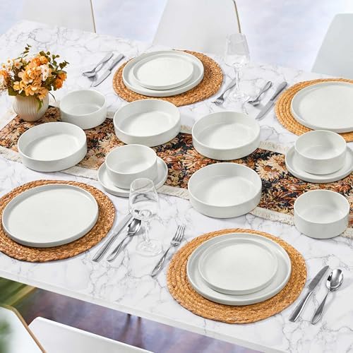 Herogo 24 Piece Dinnerware Sets with Pasta Bowls for 6, Dinner Salad Plates and Cereal Serving Bowls, Stoneware Dishes Dinner Ware for Kitchen Dining, Dishwasher & Microwave Safe, Speckled White - Image 7