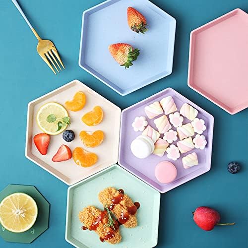 Incauca 5 Pack 6 Inch Lightweight Mini Wheat Straw Plates, Reusable Hexagon Dessert Plates, Small Saucers Plates, Plastic Side Dish Plates for Serving Snack Appetizer Salad Fruit, Assorted Colors - Image 2