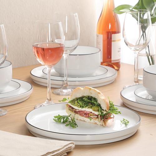 Gibson Home Rothernberg Plates and Bowls 18 Piece Porcelain White Dinnerware Set W/Black Rim | Stackable Dishes | Microwave & Dishwasher Safe - Image 2