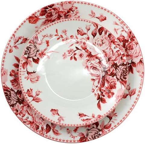 Elama Traditional Rose 16 Piece Porcelain Dinnerwar/Tableware Set, Service for 4 (Red) - Image 3