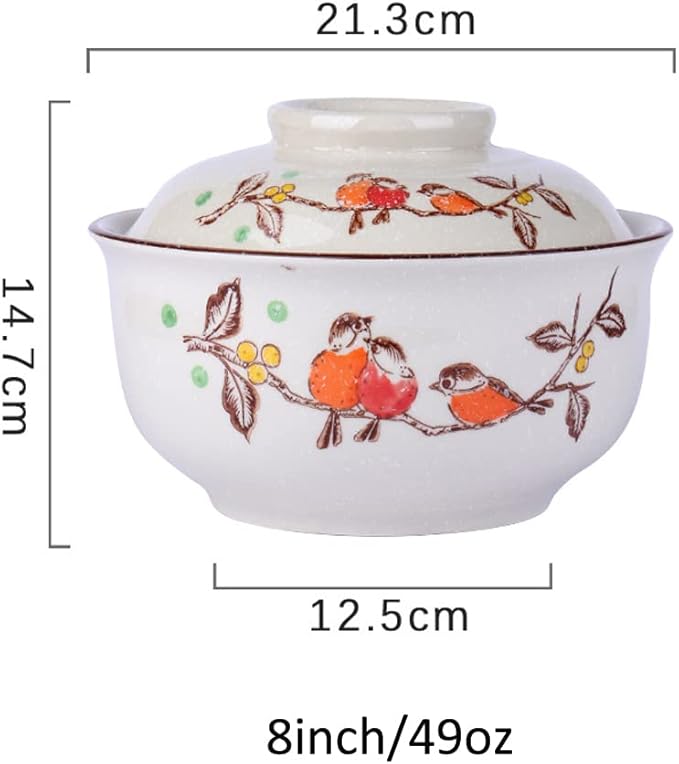 8 inch Retro Ceramic Ramen Bowl with Lid,Japanese Style Personalized Dinnerware For Noodle Rice Porridge Soup Fruit Salad (8inch, C)
