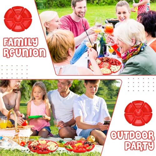 Zhehao 6 Pcs Plastic Divided Serving Trays with 60 Pcs Disposable Fork, 7 Compartments Round Chip Dip Plate, Petal Shape Platter, 10.6'' Snacks Serving Dish for Party Candy Nuts Fruits (Red) - Image 6
