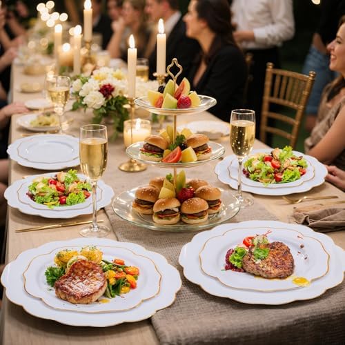 bUCLA 180PCS White and Gold Plastic Plates Disposable - White with Gold Rim Dinnerware Set Include 30 Guests Dinner & Dessert Plates, Cups, Cutlery Set for Wedding, Party & Thanksgiving Table Decor - Image 5