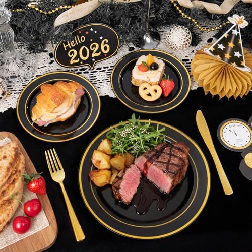 350 Pieces Black and Gold Plastic Plates with Disposable Silverware, Include 50 Dinner Plates 9”, 50 Dessert Plates 6.3”, 50 Black Cups 9 OZ, 50 Pre Rolled Napkins for New Year (Pack of 2) - Image 6