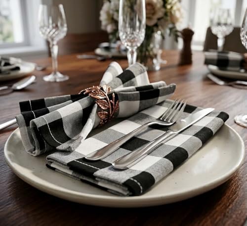 The Beer Valley Set of 12 Checked Cloth Napkins 16x16 Inch - Black White - Image 3
