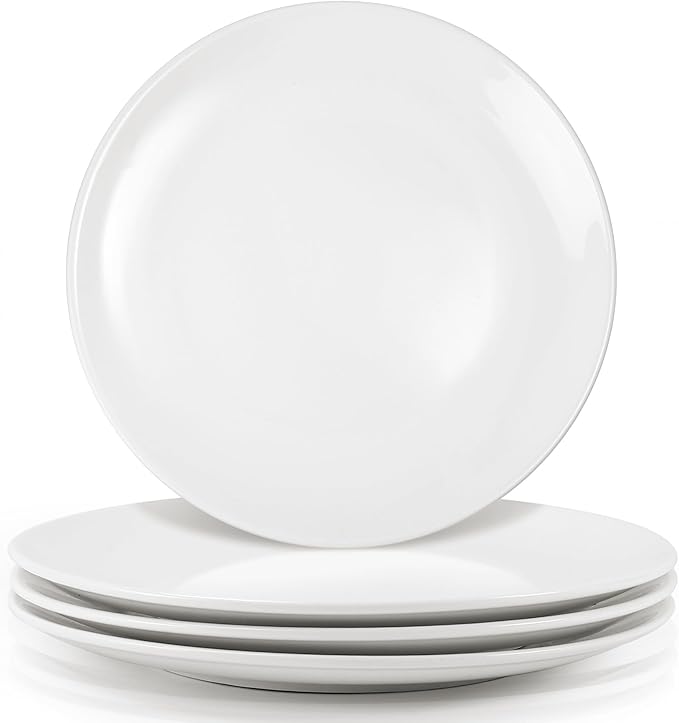 Porcelain Dessert Plates Set of 4, 10 Inch White Dinner Plates, Round Appetizer Plates, Ceramic Salad Plate for Everyday Kitchen Use, Microwave & Dishwasher Safe