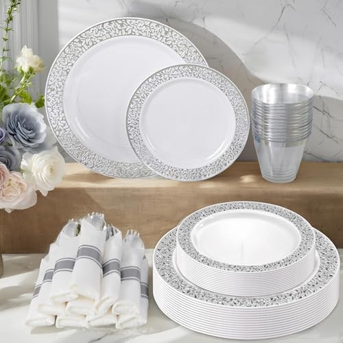 WELLIFE 700 Pieces Silver Disposable Plastic Dinnerware, Includes:100 Dinner Plates, 100 Dessert Plates, 100 Cups, 400 Pre Rolled Napkins with Silver Cutlery - Image 3