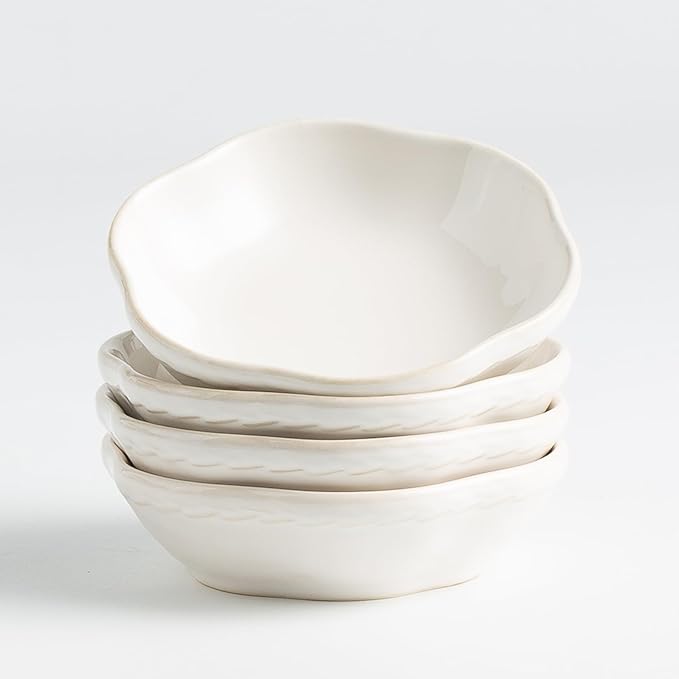 4.4Oz Kiln-Changed Dipping Bowls, 4.3 Inches Ceramic Flower-Shaped Soy Sauce Dishes, Small Appetizer/Side Plates Set of 4 (white)