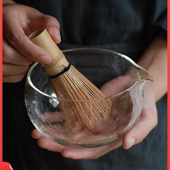 Handmade Japanese Style Matcha Green Tea Ceremony Bowl, Textured Glass, 13.5 oz, With Pouring Spout (Glass+Bamboo)