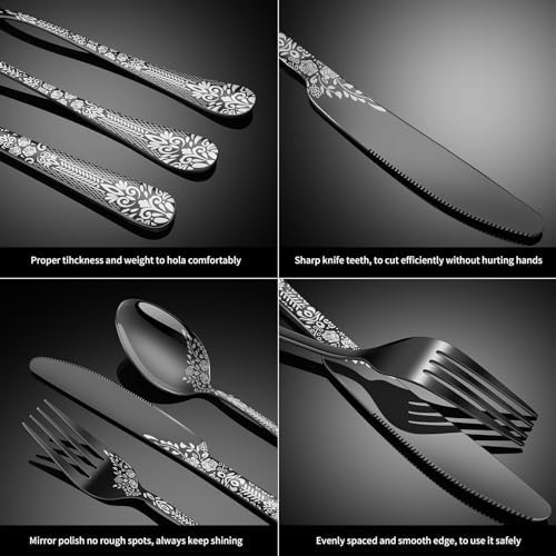 40 Piece Black Silverware Set, Stainless Steel Flatware Cutlery Set Service for 8, Mirror Polished Tableware Eating Utensils Set for Home Kitchen, Include Knife Fork Spoon Set, Dishwasher Safe - Image 4