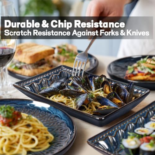 Artena Salad Plates Set of 4, 9.85" Embossed Ceramic Rectangular Appetizer Plates, Deep Lipped Edges, Microwave & Dishwasher Safe, Dessert Sushi Pasta Serving Plates (Blue, Willow Leaf) - Image 3