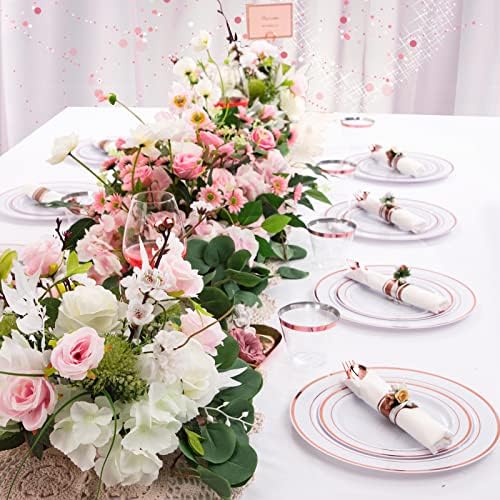 WELLIFE 350 Pieces Rose Gold Plastic Dinnerware, 50 Guests Disposable Plates with Rose Gold silverware and Cups, 50 Pre Rolled Napkins with Cutlery, Perfect for Wedding and Party - Image 3