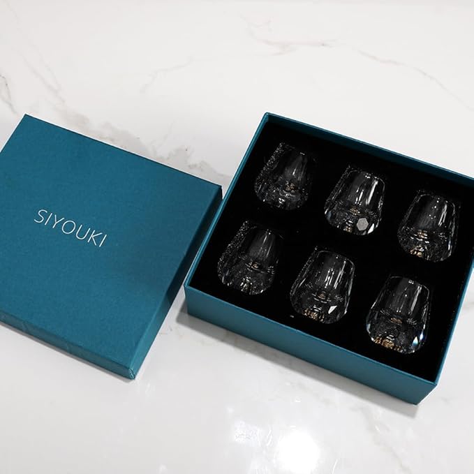 SIYOUKI Crystal Shot Glasses 0.5oz Set,Decorated With 24K Gold Leaf Flakes,Lead-Free,Handmade Set Suitable For MaoTai,Spirits,Drinks Tastin,Gift-Box Packaging (Diamond-6PCS)