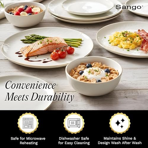 Sango 12-Piece Lightweight Porcelain Dinnerware Set for 4, Glossy Vanilla White Plates and Bowls Sets, Gold Rims, Farmhouse Ceramic Dish Set, Rustic Dishes, Microwave and Dishwasher Safe, Gansevoort - Image 6