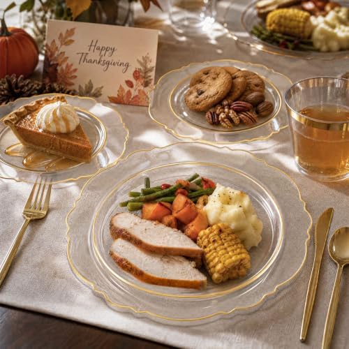 Liacere 150Pcs Clear Plastic Plates-Clear and Gold Disposable Plates Set-Clear and Gold Rim Disposable Plastic Dinnerware include 50Plates,25Pack Silverware and 25Cups for Thanksgiving/Fall Party - Image 5