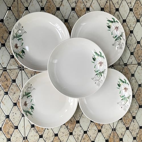 5 Pack Ceramic Plates with Lotus Pattern, 7.12 inch Large Dessert Salad Porcelain Dinner Plates, Ceramic Dessert Dishes for Steak, Pasta, Pizza, Appetizer ( Dishwasher & Microwave Safe Dinnerware) - Image 5