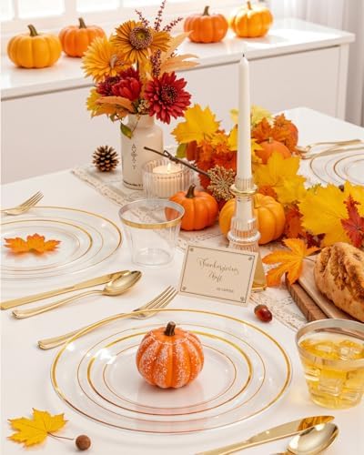 bUCLA 150Pcs Clear Gold Plastic Dinnerware Set - Clear and Gold Disposable Plates Include 25 Dinner / 25 Dessert Plates,25 Knives,25 Forks,25 Spoons,25 Cups for Party - Image 5