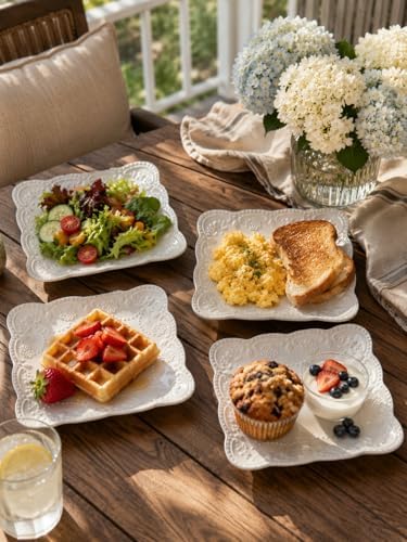 8 Inch Embossed Ceramic Salad Plates Set of 4, White Appetizer Plates with Scalloped Lace Edge, Vintage Square Plates for Salad, Snacks, Brunch, Dessert, Firut, Microwave Oven Dishwasher Safe - Image 6