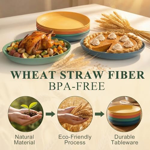 Large Wheat Straw Plates 11 Inch, Unbreakable Dinner Plate Set for 8, Plastic Plates Reusable, Microwave and Dishwasher Safe Kitchen Plate for Holiday, Party, BBQ - Multi - Image 3
