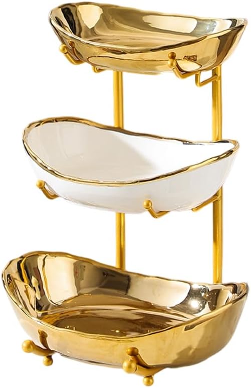 jessie 3 Tier Fruit Bowls for Kitchen Counter,Ceramic Large Fruit Basket Stand,Metal Fruit Serving Tray Snacks Nuts Cake Storage Holder (Gold 2)