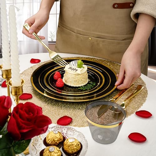 BESTVIP 700 Piece Black Gold Plastic Dinnerware Set for 100 Guests - Image 3