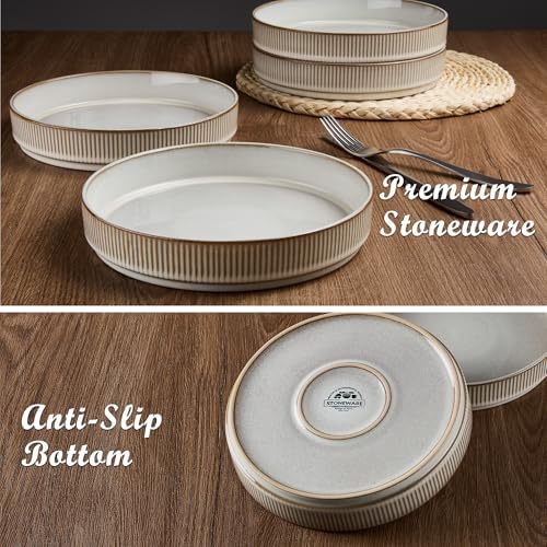 E-far Pasta Bowls Set of 6, 35oz Large Salad Bowl Plate for Dinner Serving, Wide & Shallow Ceramic Stoneware Pasta Plates, Microwave & Dishwasher Safe, Reactive Glaze Textured Stripes, Creamy Beige - Image 6