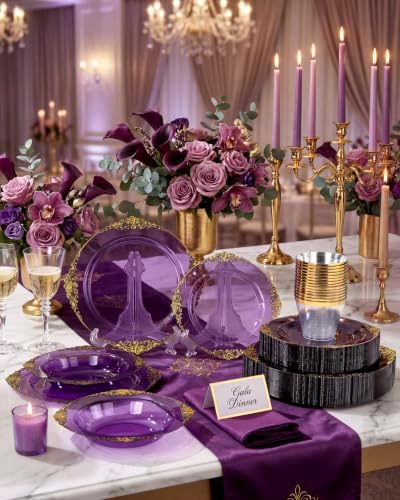 Nervure 175Pcs Clear Purple Plastic Plates, Dinnerware Set for 25 Guests - Image 6