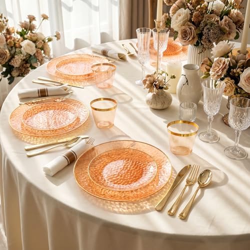 Rubtlamp 700Pcs Orange Gold Plastic Dinnerware Set, Hammered Clear Gold Plates, Fancy Plastic Plates Include 100 Dinner Platos, 100 Salad Platos, 100 Cups, 100 Pack Pre Rolled gold plastic Silverware - Image 3