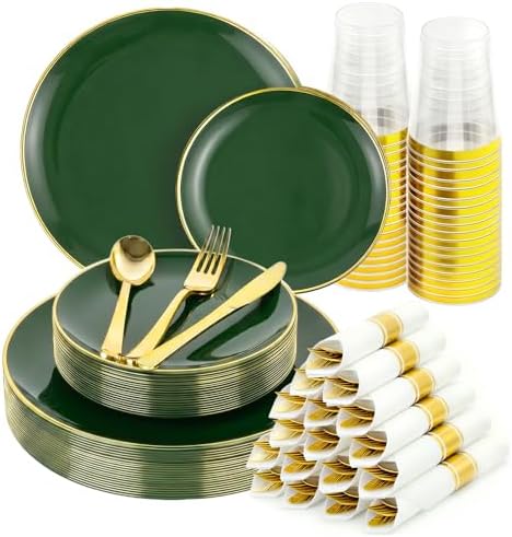 Green Gold Dinnerware Set Disposable Plates for 175PCS 25 Guests by cheerserve