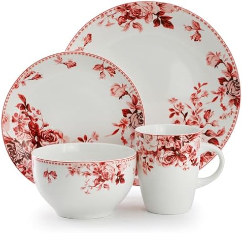 Elama Traditional Rose 16 Piece Porcelain Dinnerwar/Tableware Set, Service for 4 (Red) - Image 2