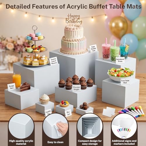 10 Pcs White Buffet Risers with Mini Sign and Marker, Food Risers Display Stands for Buffet Table Party Catering Dessert Jewelry Collectibles,Cube Nesting Boxes with Hollow Bottoms 8 Sizes (10" 9" 8" 7" 6" 5" 4" 4" 3" 3") - Image 3
