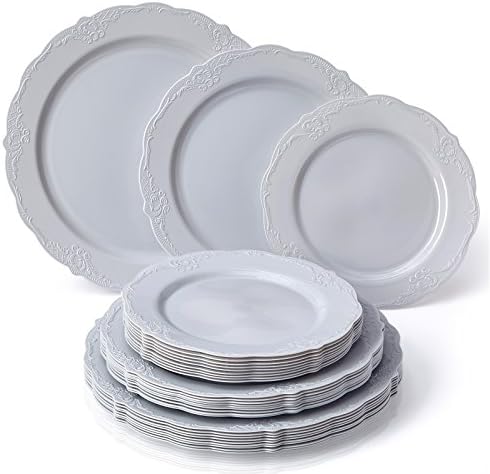 HEAVY DUTY PLASTIC PLATES SET | 10 Dinner Plates | 10 Salad Plates | 10 Dessert Plates | Elegant Plastic Dinnerware | Fine China Look | Upscale Wedding Dining (Vintage Collection - Grey) by SilverSpoons