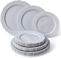HEAVY DUTY PLASTIC PLATES SET | 10 Dinner Plates | 10 Salad Plates | 10 Dessert Plates | Elegant Plastic Dinnerware | Fine China Look | Upscale Wedding Dining (Vintage Collection - Grey) by SilverSpoons