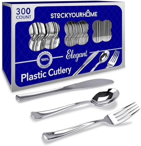 Silver Plastic Cutlery Set 300 Pack Disposable Silverware Heavy Duty Plastic 100 Forks, 100 Knives, 100 Spoons for Catering Events, Parties, Dinners, Weddings, Everyday Use, Stock Your Home by StockYourHome