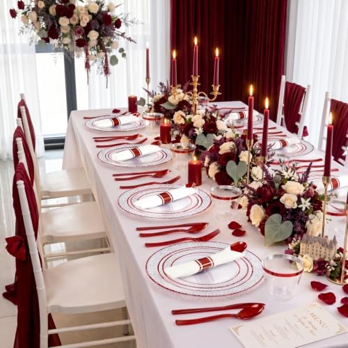 Ciaell 350 PCS Clear and Red Plastic Plates – Red Dinnerware Set for 50 Guests Include 100 Plastic Plates, 50 Pre Rolled Napkins with Cutlery Set, 50 Cups for Wedding (Pack of 3) - Image 6