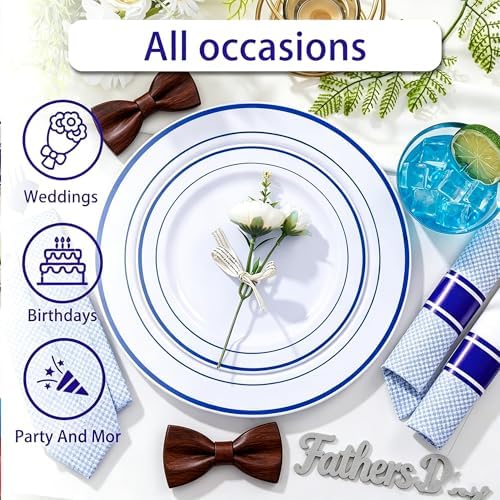 WELLIFE 210 Piece Blue Disposable Dinnerware Set,Plastic Plates for Party, Include: 30 Dinner Plates, 30 Dessert Plates, 30 Pre Rolled Napkins with Gold Silverware and 30 Gold Cups - Image 5