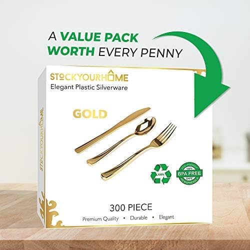 Gold Plastic Silverware Set (300-Pack) – Disposable Heavy Duty Cutlery, 100 Forks, 100 Knives, 100 Spoons for Parties, Weddings, Dinners & Holidays, Stock Your Home - Image 5