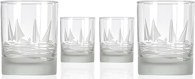 Rolf Glass Regatta 13oz Double Old Fashioned Glass | Set of 4 Whiskey Cocktail Tumblers | Engraved and Lead-Free | Made in the USA | Nautical Sailboat Design